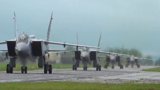 A still from a video by the Russian Defense Ministry showing MiG-31 interceptor aircraft during exercises with the country's non-strategic nuclear forces